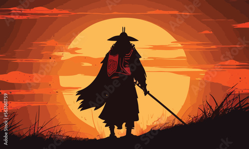 a samurai walking to the sun