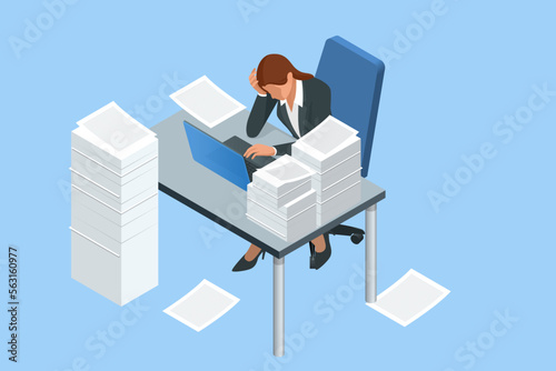 Isometric stacks of paperwork and files in the office, bureaucracy, overload. Bureaucrat in the office. Unorganized office work.