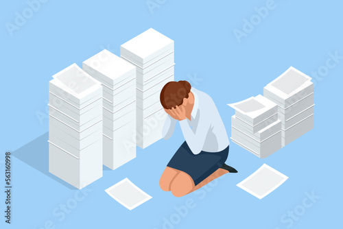 Isometric stacks of paperwork, files in the office, bureaucracy, overload. Unorganized office work. Tired business woman sitting on the floor clutching his head with the piles of paper document around