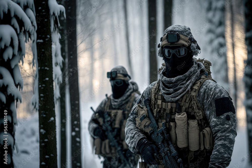 Masked special forces soldiers in winter conditions - Generative AI, Generative, AI
