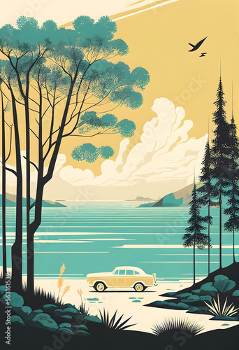 mid century modern art destination summer landscape, generative ai