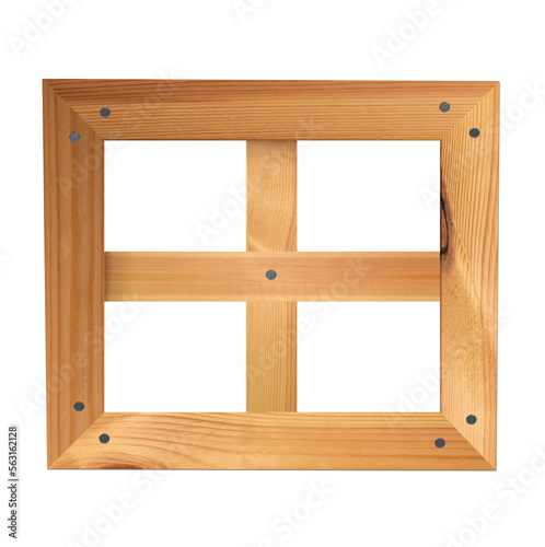 Square four-section wooden window isolated. Wood texture planks. Png