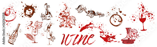 Vector hand drawn template illustration of wine, bottles and glasses. Art for menu, shop, market or sale. Wine bottles with wine splashes - colorful. Sketchy collection of grape leaves and bottles.