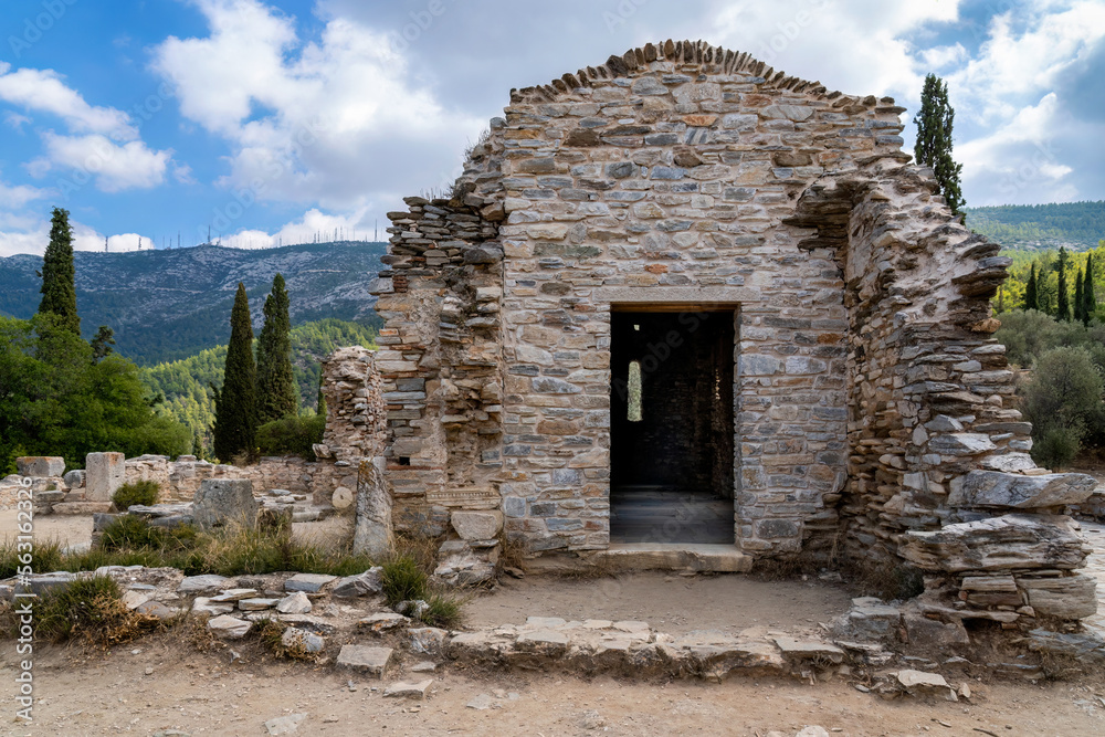 Ayios Marcos temple or Fragomonastiro is a three aisled early Christian basilica with a narthex located at the archaeological site of Taxiarches Hill in Kaisariani district, Athens, Greece, facade