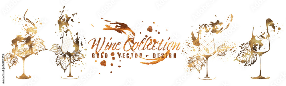Wine Designs - Collection of wine glasses and bottles. Hand drawn elements for invitation cards, advertising banners, menus in gold style. Wine glasses with splashing wine. Sketch vector illustration
