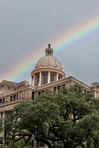 View of the Harris County Courthouse building with rainbow, located in Houston, Texas