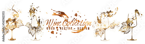 Wine Designs - Collection of wine glasses and bottles. Hand drawn elements for invitation cards, advertising banners, menus in gold style. Wine glasses with splashing wine. Sketch vector illustration
