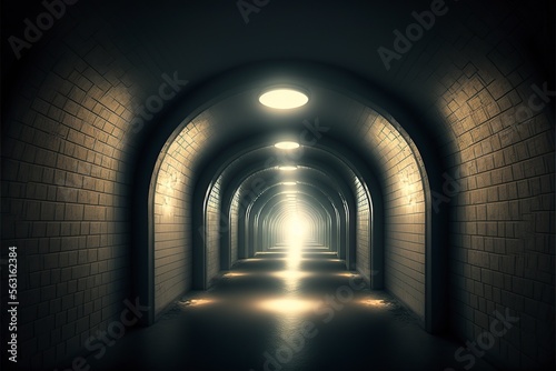 underground Tunnel with light at the end, AI generated illustration.