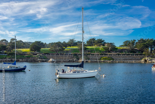 A Docked sailboat in Monterey harbor in California