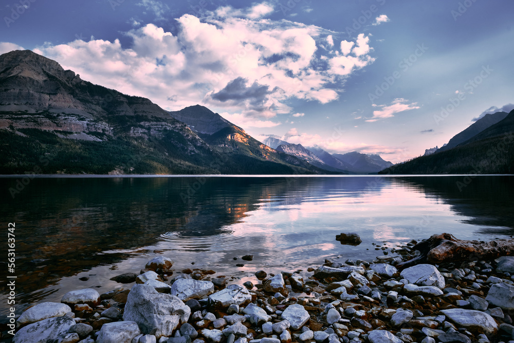 Peaceful evening on the shore of Waterton Lake, Alberta, Canada
