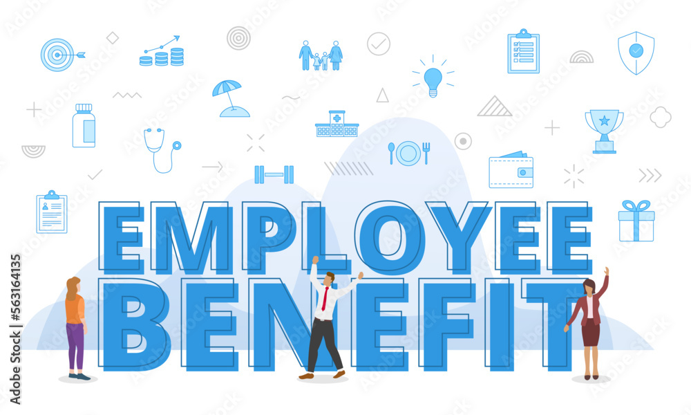 employee benefits concept with big words and people surrounded by related icon with blue color style