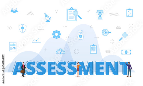 business assessment concept with big words and people surrounded by related icon with blue color style