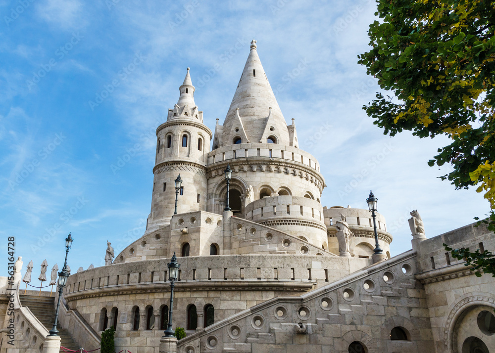 Fisherman Bastion white tower against a blue sky on a clear day, Budapest, Hungary