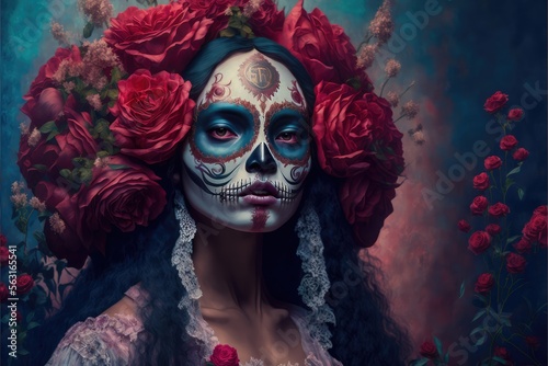 Dia de los muertos, Mexican holiday of the dead and halloween. Woman with skull make up and flowers. This image is generated with generative AI