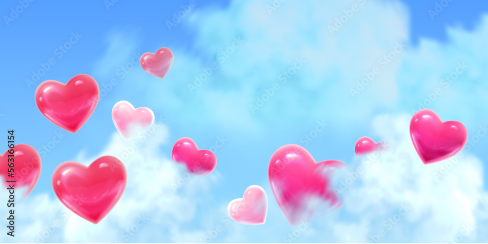 Valentines day poster. Vector illustration. 3d pastel hearts with place for text message blue cloudy sky. Love sale banner, voucher or greeting card. Valentin holiday concept header garland lights