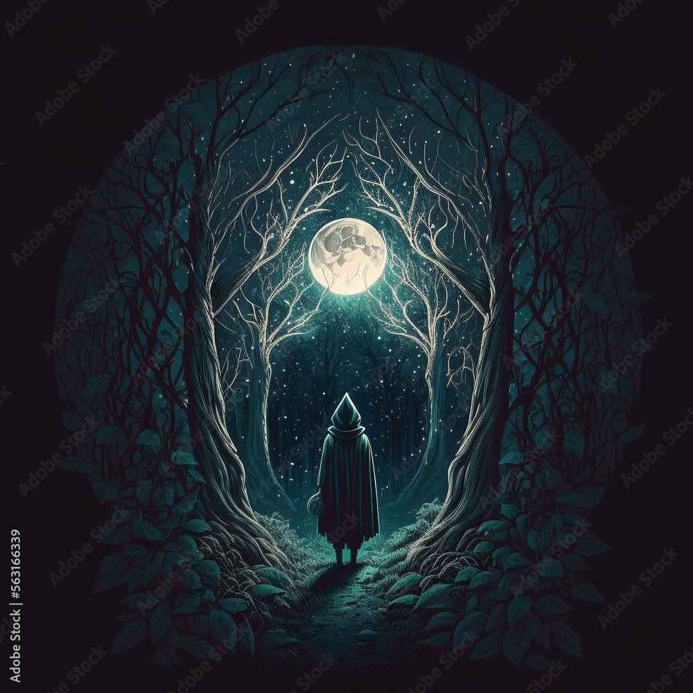 Φωτογραφία Mystical forest, with a full moon shining through the trees and a hooded figure standing in the center