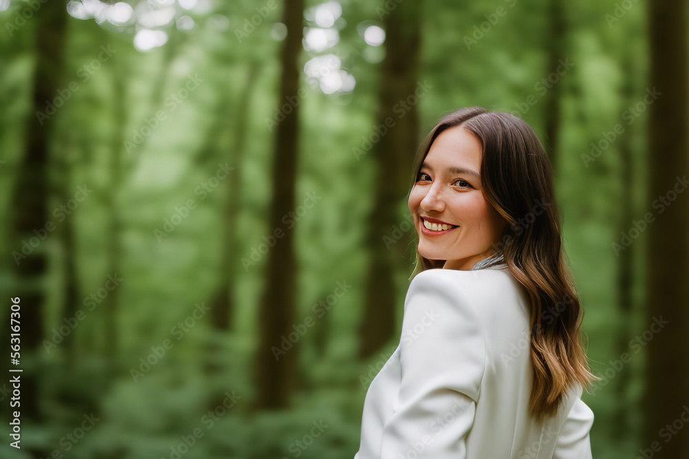 Woman exhaling fresh air in a forest looking at camera Woman exhaling fresh air in a forest looking at camera