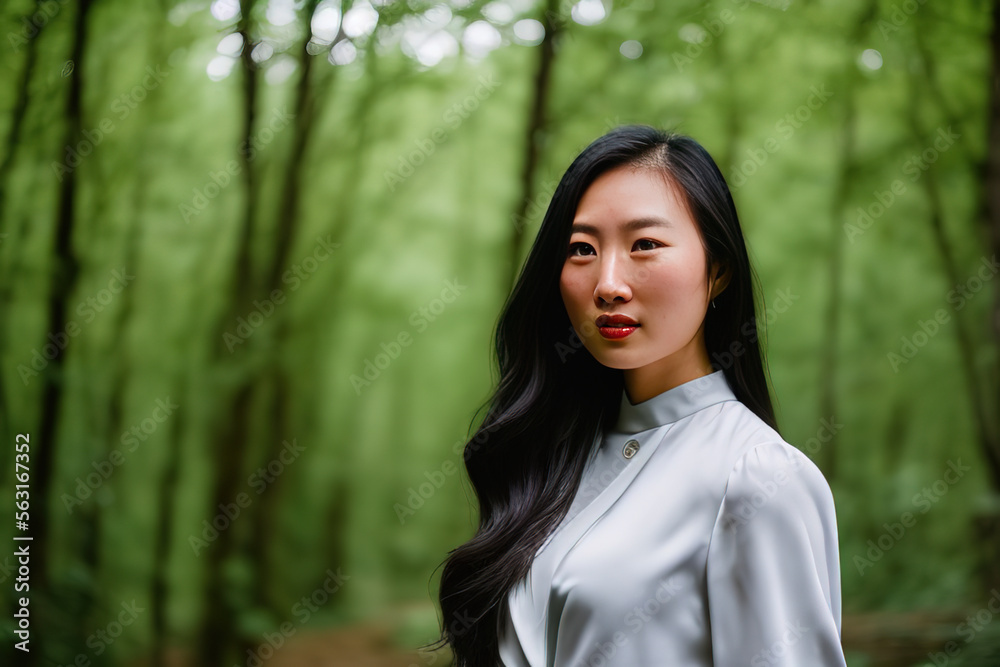 Close up portrait young happy fit Asian woman standing in nature among forest trees she relaxes, breathes fresh air closing her eyes. Close up portrait young happy fit Asian woman standing in nature among forest trees she relaxes, breathes fresh air closing her eyes.