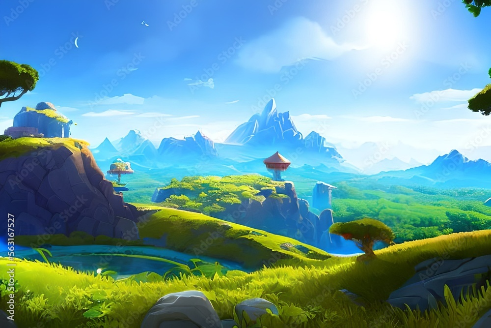 Beautiful Fantasy Grass Game Landscape - A Simple yet Vibrant Cartoon