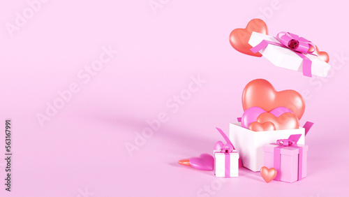 Valentine's day design, realistic white and pink gift boxes, open gift boxes filled with hearts, web posters, flyers, modern brochures, greeting cards, pink background.3d render.