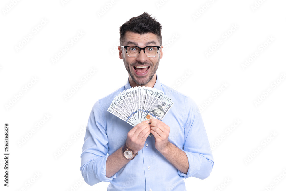 amazed man in glasses holding paper money studio. Rich man with money banknotes. Cash money amazed man in glasses holding paper money studio. Rich man with money banknotes. Cash money