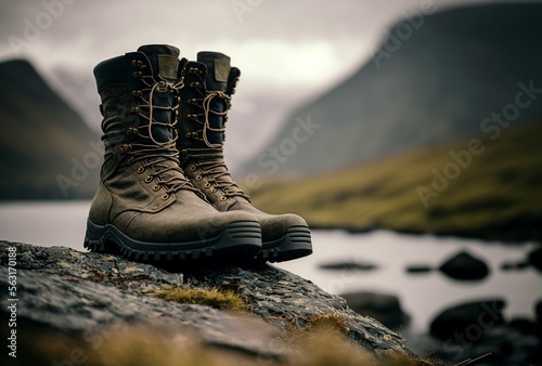 illustration of hiking boots in a mountainous landscape, generated by AI