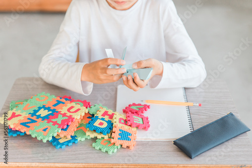 アルファベットのおもちゃで英語・英単語を覚える小学生低学年の男の子（知育）
 photo