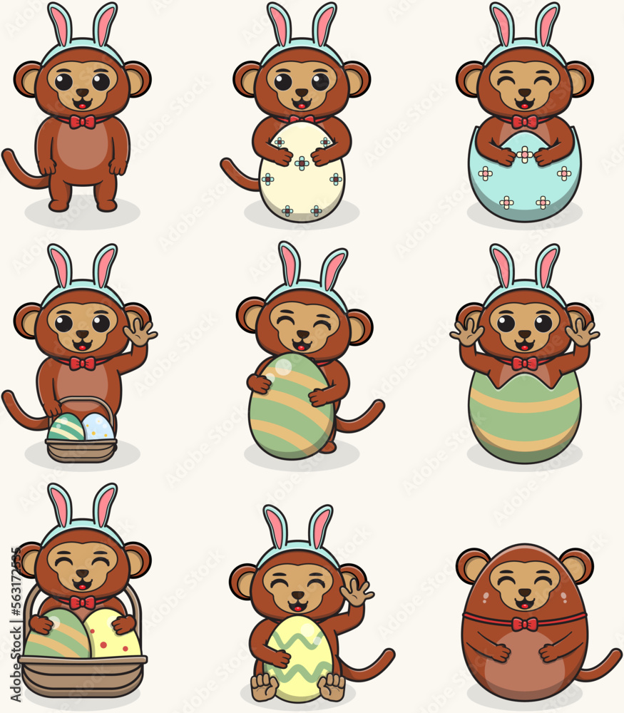 Monkey Happy Easter. Cute Monkey on the Easter theme in cartoon. Vector illustration. Isolated on white background. Easter holiday vector set. Monkey Happy Easter. Cute Monkey on the Easter theme in cartoon. Vector illustration. Isolated on white background. Easter holiday vector set.