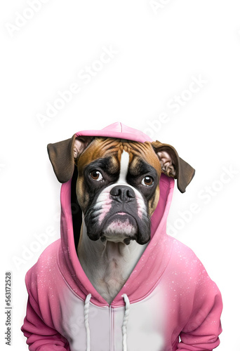 Boxer dog in a pink training hoody isolated on a white background.  Flashy fawn pet boxer dog was created with generative ai © touchedbylight