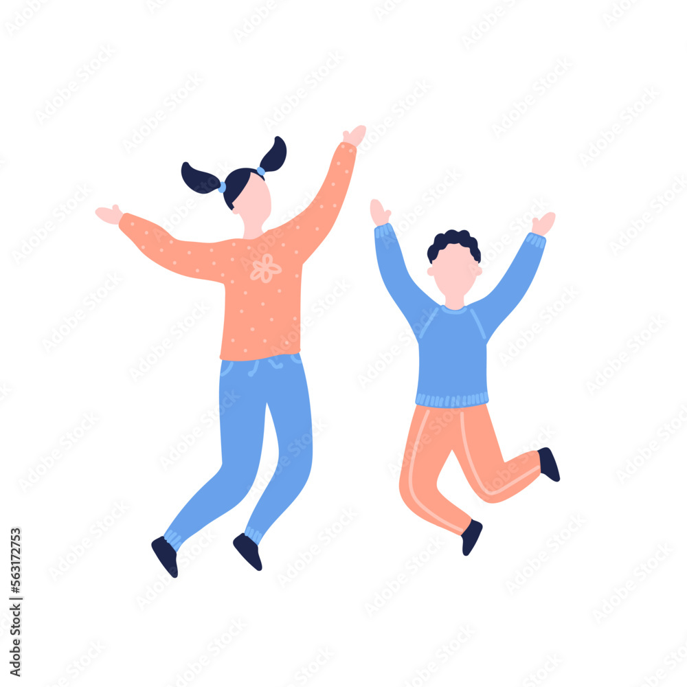 Modern flat vector illustration with happy family. Children jump, delight, joy, victory. Sister and brother jumping. Concept of family, family values, support and connections in families