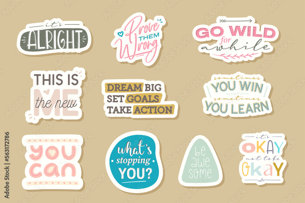 Self Motivational Short Quote Digital Stickers. Planner Scrapbook Vector Design Template. Printable Cute Lettering Stickers EPS 10