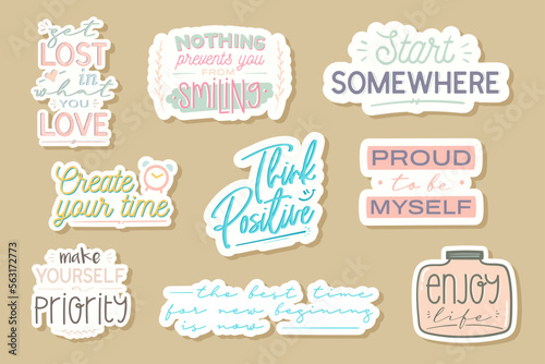 Self Motivational Short Quote Digital Stickers. Planner Scrapbook Vector Design Template. Printable Cute Lettering Stickers EPS 10