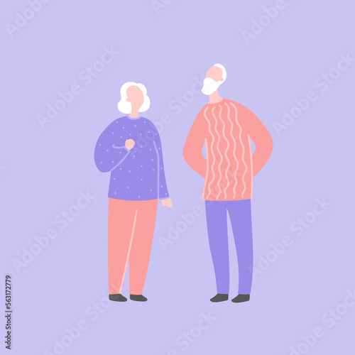 Modern flat vector illustration with happy couple. Old man with old woman standing together. Character design of couple, family values, support and connections in families