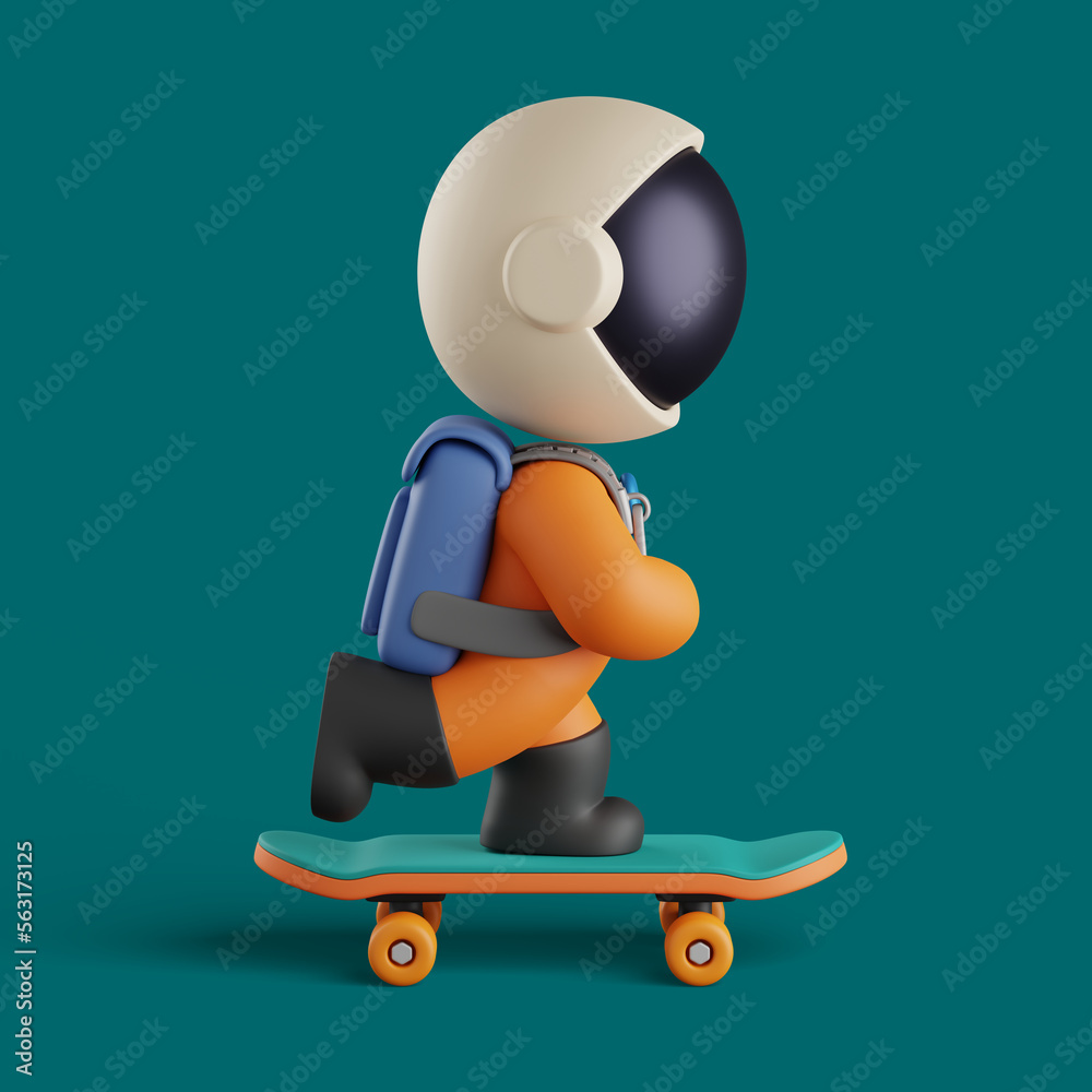 Obraz premium 3d render of a cute astronaut riding the skateboard. cute character
