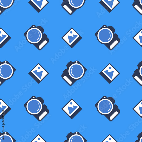 Camera and photo seamless pattern on blue background. Vector illustration. 