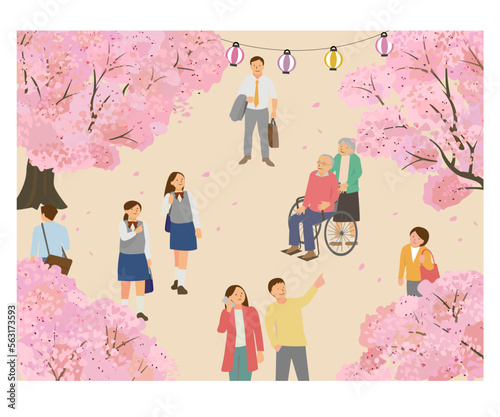 お花見　桜を見ながら歩く人々