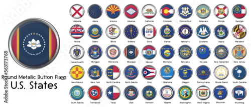 All US state flags with round metallic button. Vector illustration.