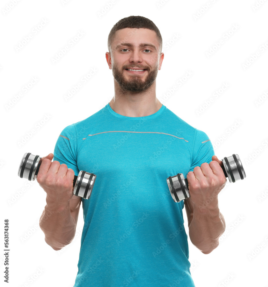 Handsome man exercising with dumbbells on white background Handsome man exercising with dumbbells on white background