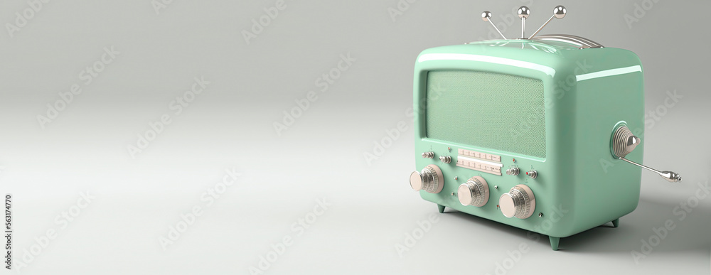 Banner for World Radio Day , February 13th. AI generated old radio in mint green color. AI generative illustration. Banner for World Radio Day , February 13th. AI generated old radio in mint green color. AI generative illustration.