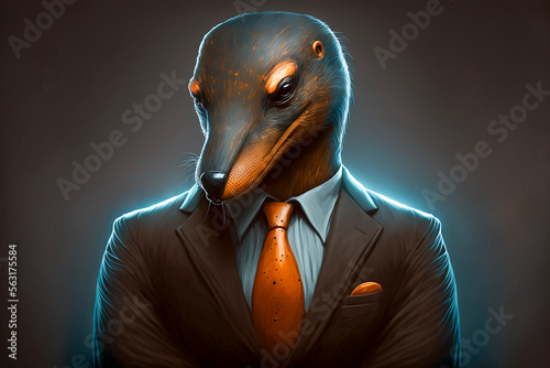 Portrait of a platypus in a stylish business suit. Generative AI. Businessman platypus illustration. 