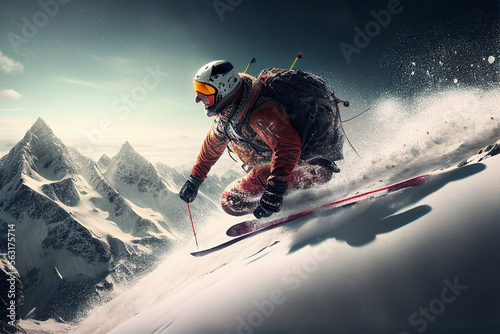 Skiing in action. Beautiful mountains. Sportsman in ski suit. Skiing high in the mountains. Side view. High speed. Generative AI