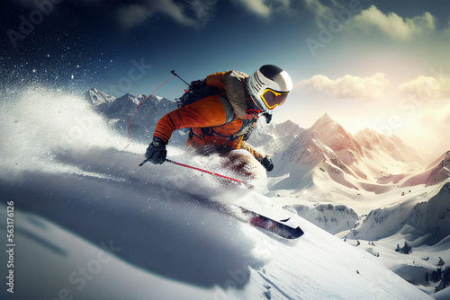 Sportsman in ski suit. Skiing high in the mountains. Side view. High speed. Generative AI. Skiing in action