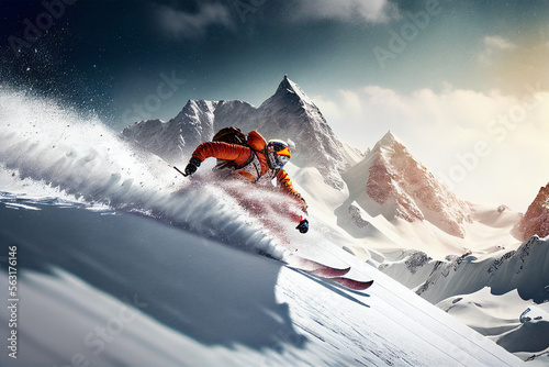 Sportsman in ski suit. Skiing high in the mountains. Side view. High speed. Skiing in action. Generative AI