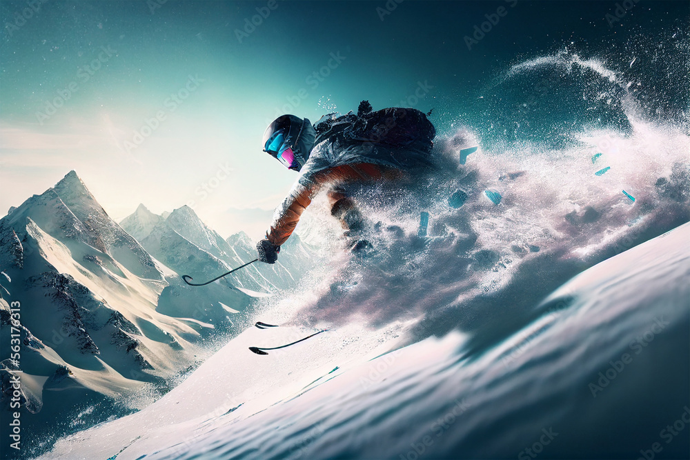 Sportsman in ski suit. Skiing in action. Skiing high in the mountains. Side view. Generative AI. High speed