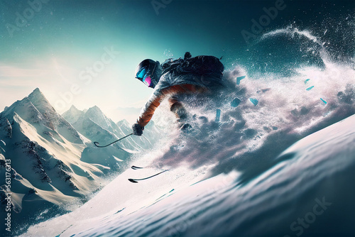 Sportsman in ski suit. Skiing in action. Skiing high in the mountains. Side view. Generative AI. High speed