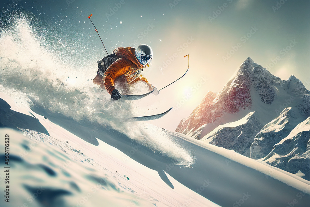 Sportsman in ski suit. Winter. Skiing in action. Skiing high in the mountains. Side view. Speed. Generative AI
