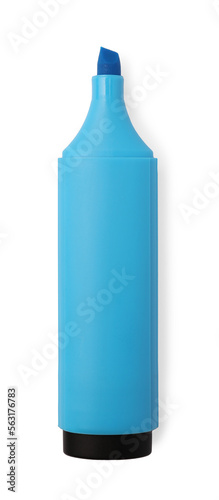 Bright blue marker isolated on white, top view photo