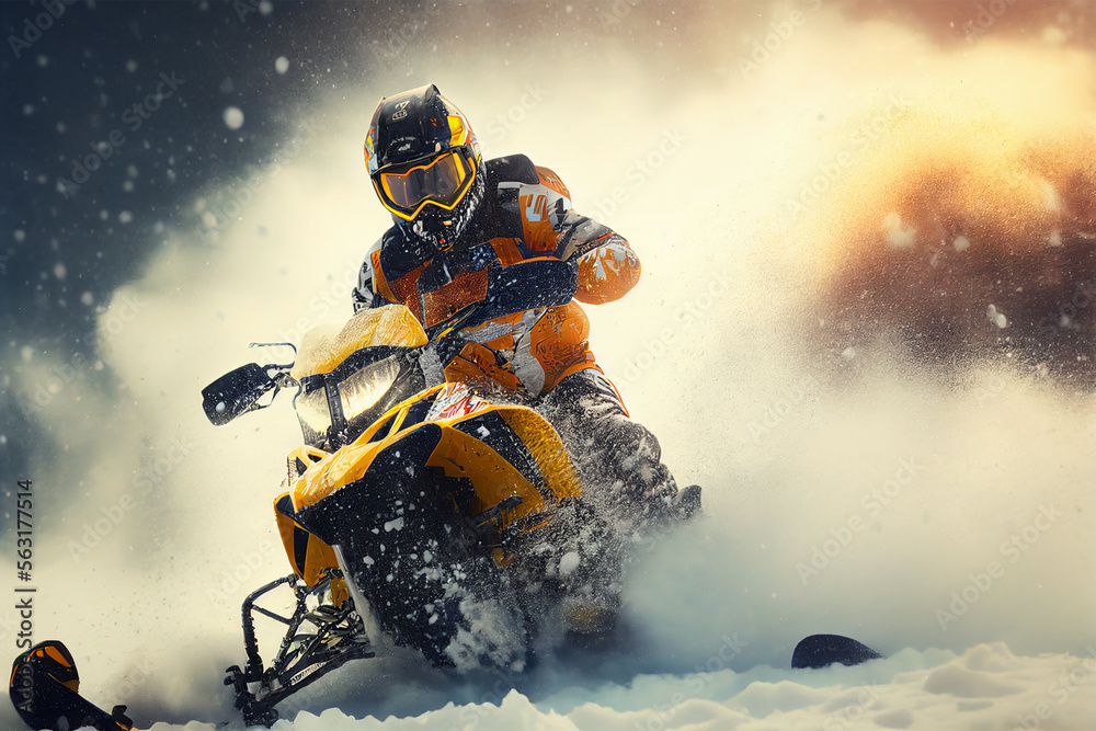 Extreme sports. Snowmobiling. Winter recreation and sports. Active lifestyle. Illustration of a young man riding a snowmobile. Generative AI