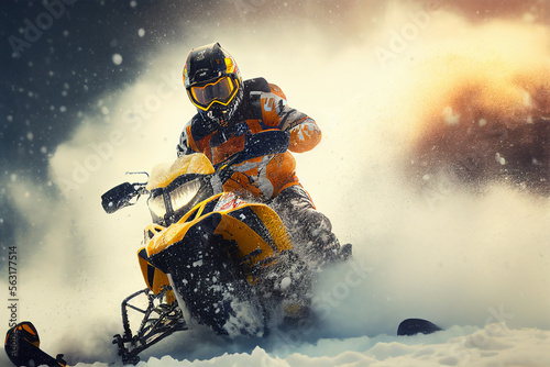 Extreme sports. Snowmobiling. Winter recreation and sports. Active lifestyle. Illustration of a young man riding a snowmobile. Generative AI photo
