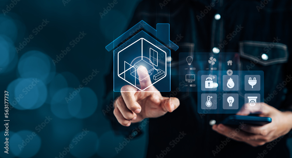 Man hands touch icons on virtual display screen as assistant remote from house Man hands touch icons on virtual display screen as assistant remote from house